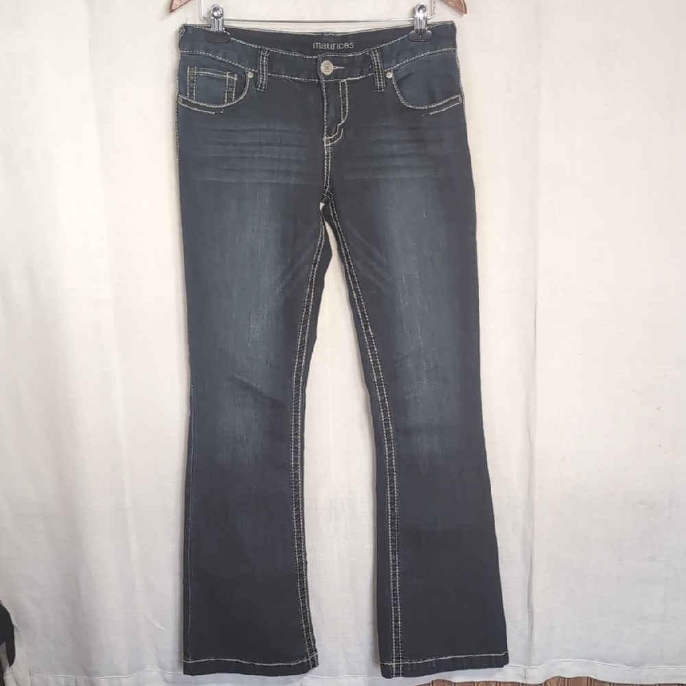 Maurices Dark Wash Denim Boot Cut Jeans Midrise Contrast Stitching Size 7/8